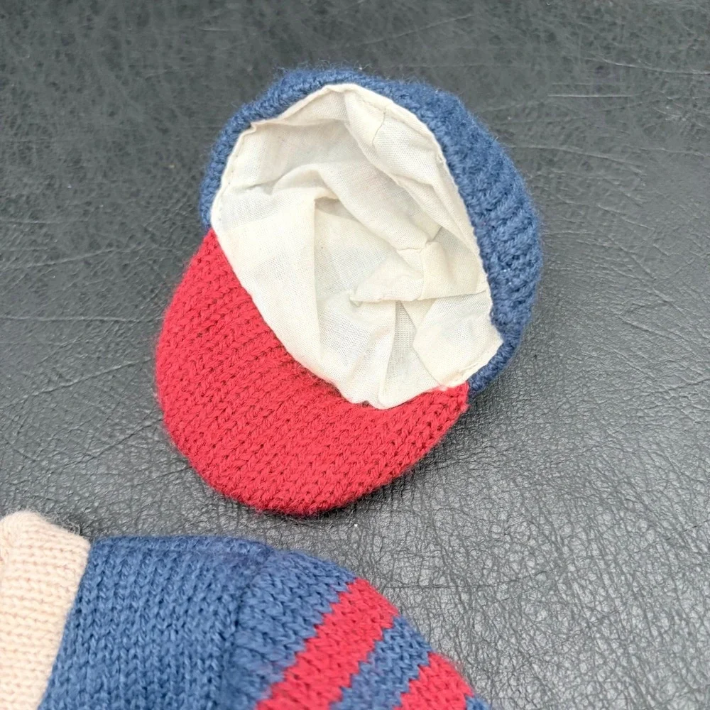 Vintage Style Miniature Knit Teddy Bear Sweater and Hat Set Blue Red Varsity
